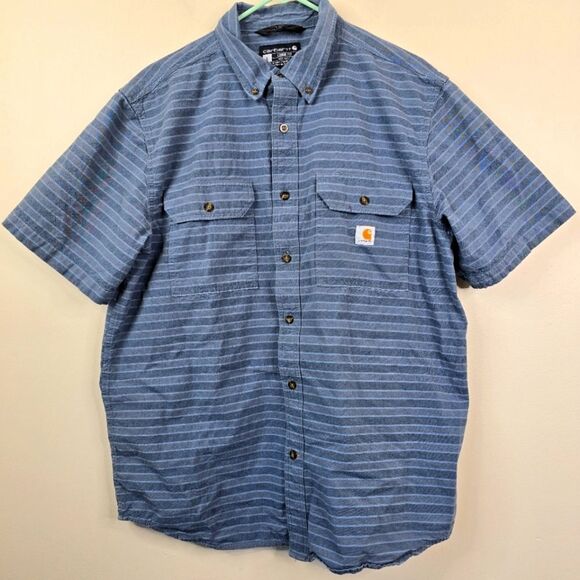 Carhartt Mens Loose Fit Short Sleeve Striped 2 Pocket Button Down Shirt Medium - Picture 1 of 6